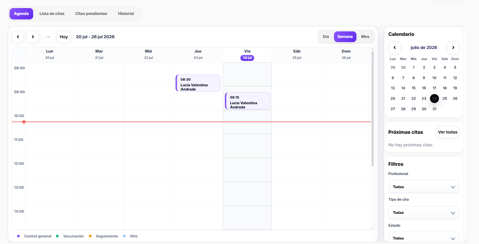 Agenda semanal de citas para pediatras en Mi Pediatra