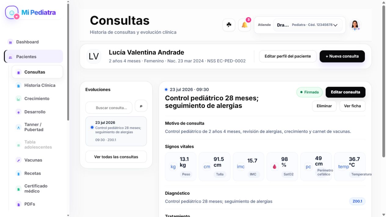 Pantalla real de consultas y evoluciones clínicas pediátricas